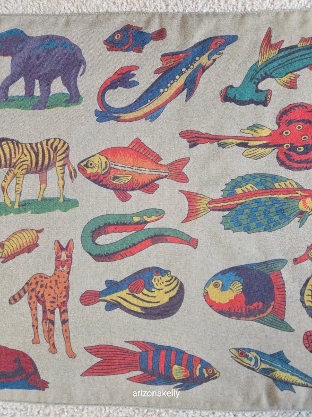 Vintage Animal Print Oblong Scarf Birds Fish Mammals Reptiles 1940's Design - Picture 6 of 11
